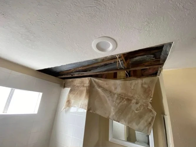 Before: exposed bathroom ceiling framing