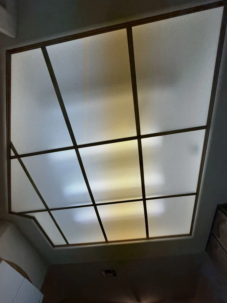 Ceiling light panel and surrounding trim photographed from below